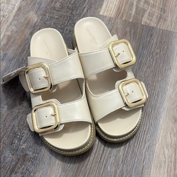 Women's Cream Slide Sandals with Gold Buckles - Picture 3 of 6